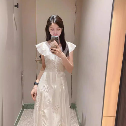 VLOVELAW [Golden Girl] S's 24 New Japanese Style V-neck Flounce Flying Sleeve Hollow Embroidery Dress 24039#
