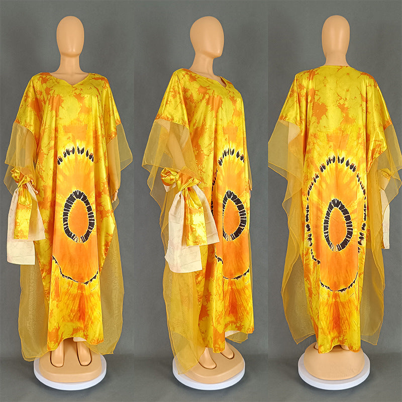 VLOVELAW Cross-Border European and American Women's Clothing African Middle East Ethnic Style Retro Long Gown Mesh Printed Tape Headscarf Dress 9004