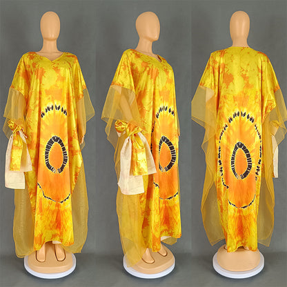 VLOVELAW Cross-Border European and American Women's Clothing African Middle East Ethnic Style Retro Long Gown Mesh Printed Tape Headscarf Dress 9004