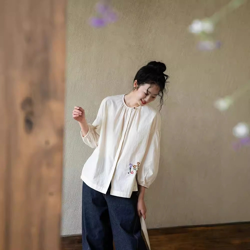 Embroidered cotton women's shirt, shirt women's high-end sense, early autumn light and thin literary pure cotton versatile top B0912