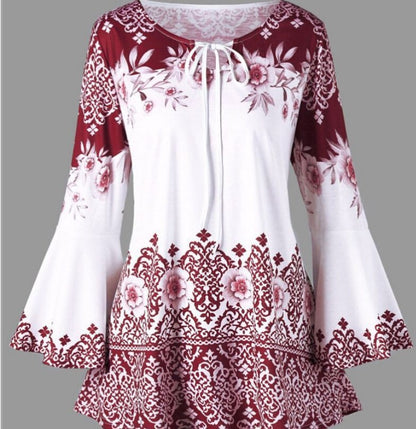 VLOVELAW European and American New  Women's Clothing Printing Long Horn Sleeve Lace-up T-shirt Slim Long Sleeve plus Size Women's Clothing