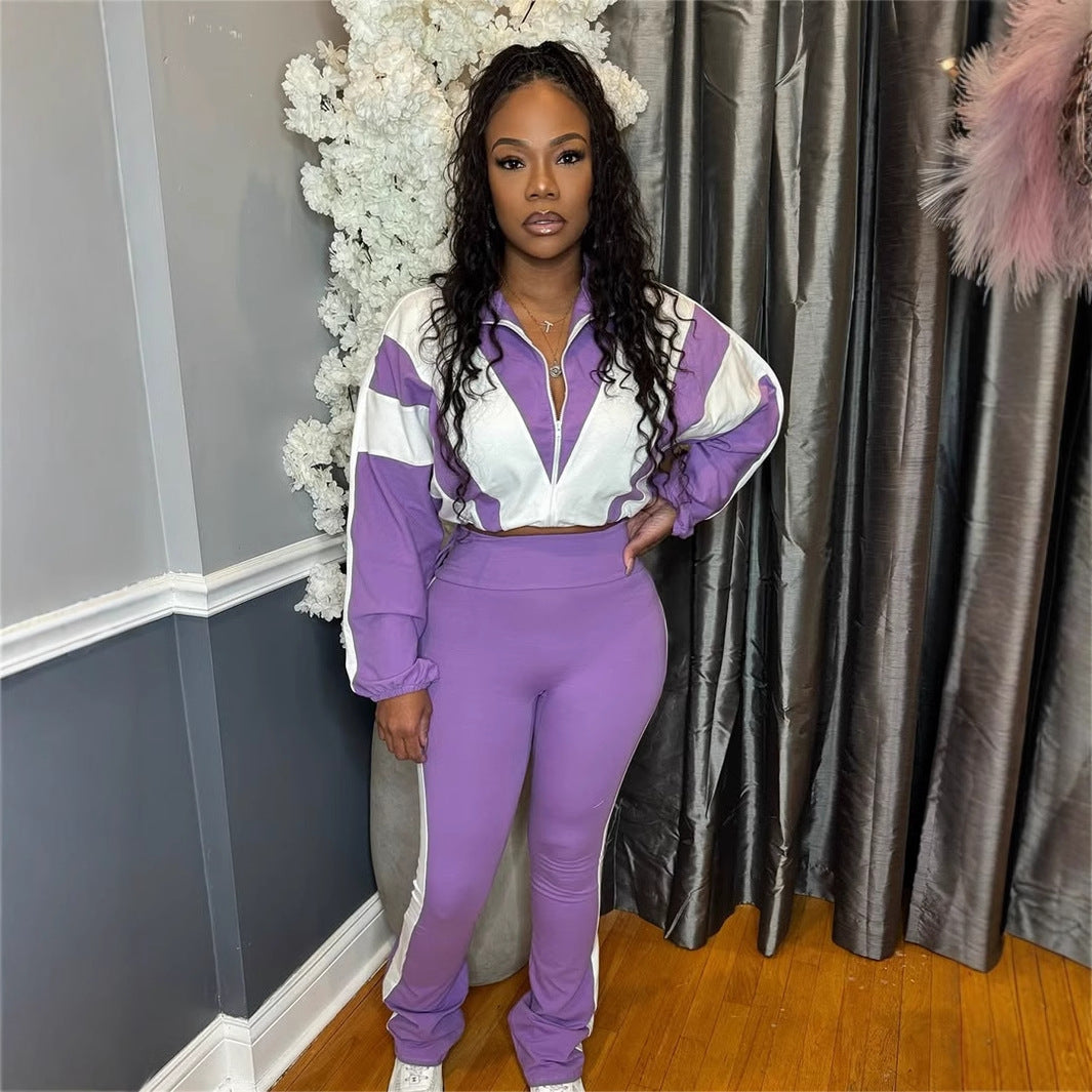 New explosion, Popular trade loose leisure street trend contrasting color zipper jacket trousers sports style suit women