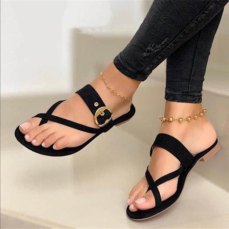 VLOVELAW  Cross-Border Foreign Trade Large Size Flat Bottom Flip-Flops Women's European and American Toe Covering Metal Belt Buckle Flat-Heeled Sandals Independent Station