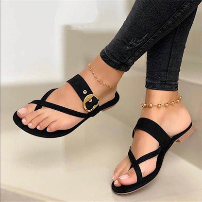 VLOVELAW  Cross-Border Foreign Trade Large Size Flat Bottom Flip-Flops Women's European and American Toe Covering Metal Belt Buckle Flat-Heeled Sandals Independent Station