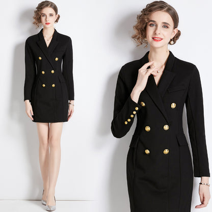 Black dress long sleeve  new autumn dress double breasted commuting temperament Korean version thin suit skirt