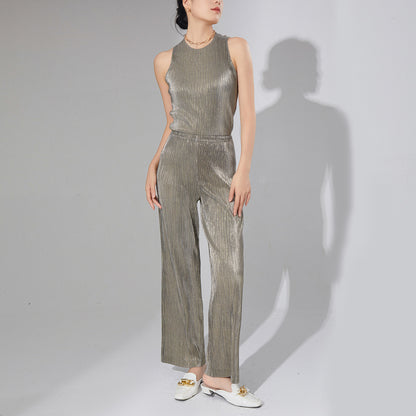 2025 women's clothing premium pleated two-piece set metal niche chic T-shirt top drape casual pants set