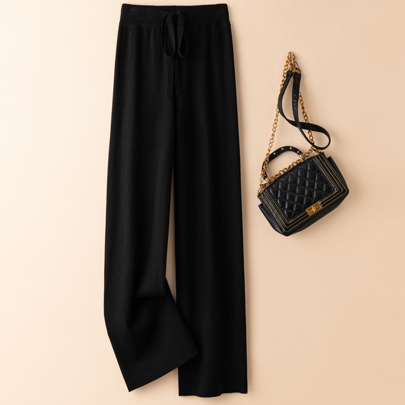 VLOVELAW Knitted wide-leg pants women's spring and autumn wear casual lazy high waist drape straight loose knitted casual trousers women