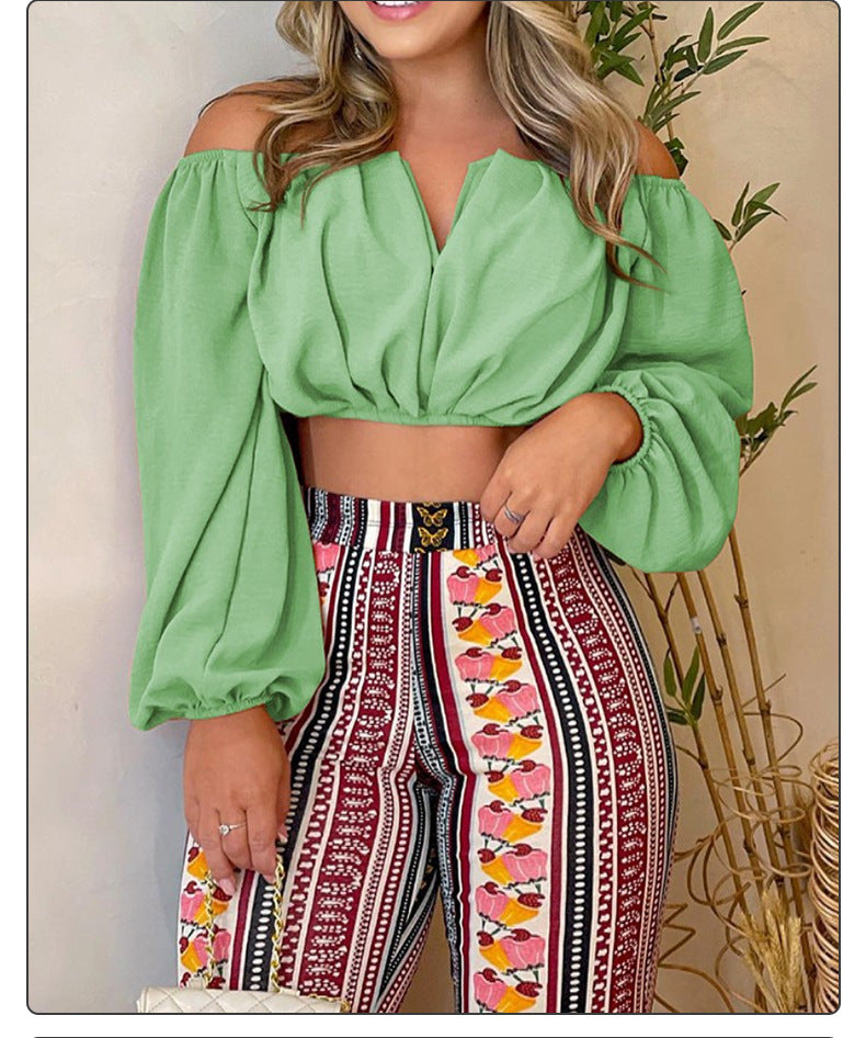 VLOVELAW European and American   Summer New off-Neck Women's Clothing  Sexy Print Pants Top Suit