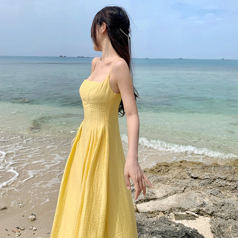VLOVELAW Retro Yellow Waist Trimming Spaghetti Straps Dress Women's Summer Summer  New Seaside Vacation Gentle Sexy Long Dress