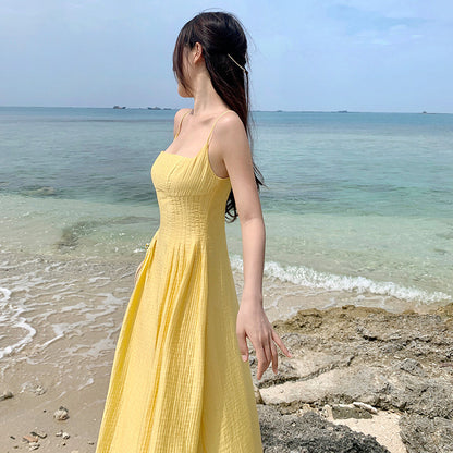VLOVELAW Retro Yellow Waist Trimming Spaghetti Straps Dress Women's Summer Summer  New Seaside Vacation Gentle Sexy Long Dress