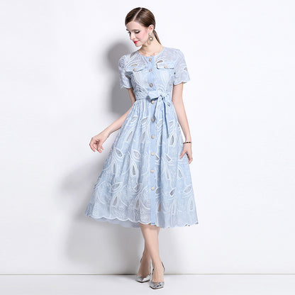 Summer  retro heavy industry hollow embroidery round neck waist short sleeve dress women's thin single-breasted long skirt