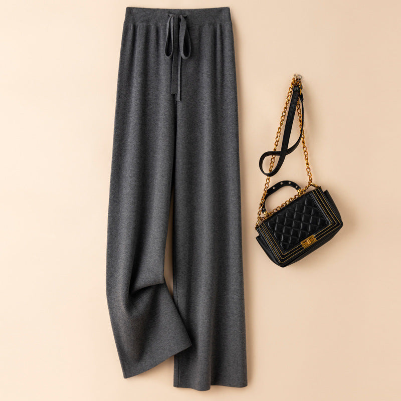 VLOVELAW Knitted wide-leg pants women's spring and autumn wear casual lazy high waist drape straight loose knitted casual trousers women