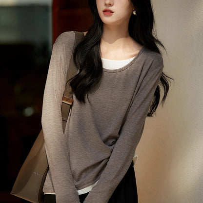 direct sales fake two-piece round neck long-sleeved T-shirt women's popular summer new casual simple splicing contrasting top
