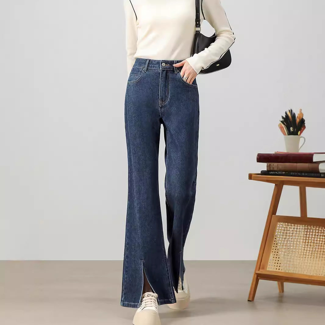 2025  Pure cotton retro versatile washed wide-leg floor-mopping pants women's spring and autumn pants with split ends loose straight jeans