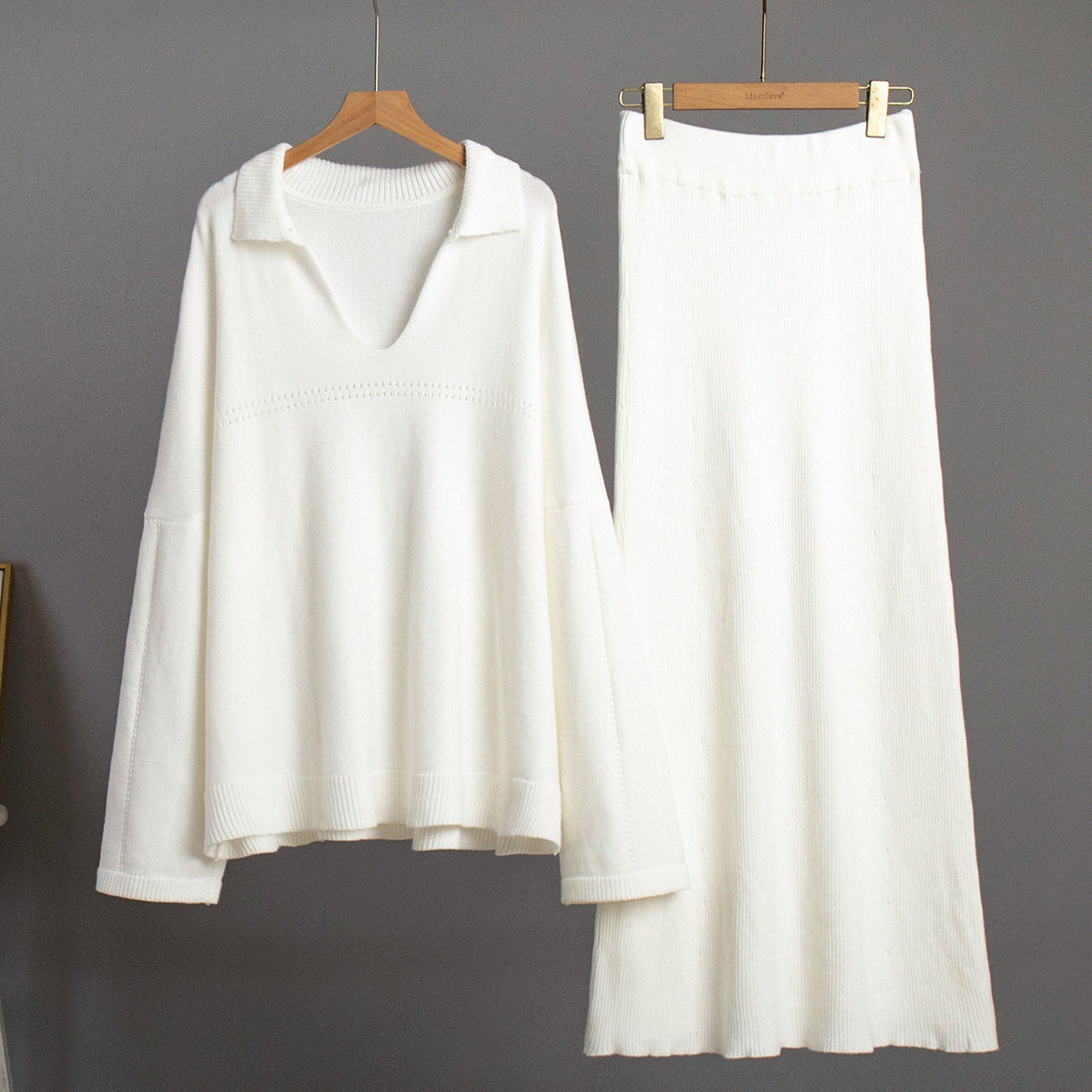 KKBOXLY Cross-border knitted set Europe, America New winter new fashion simple style V-neck knitted sweater skirt set