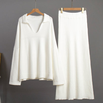 KKBOXLY Cross-border knitted set Europe, America New winter new fashion simple style V-neck knitted sweater skirt set