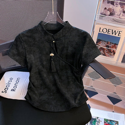 VLOVELAW Retro National Style New Chinese Style Frog Button Short Sleeve T-shirt Women's Summer  New Pleated Waist Tight Short Tie-Dyed Top