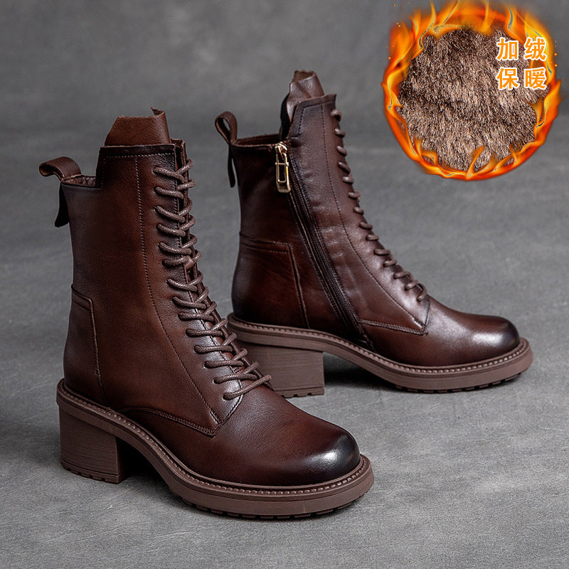 Shanghai Jie Shu Autumn New round Head Chunky Heel Cowhide in Stock Fashion Martin Boots Mid-High Heel Side Zipper Smoke Pipe Boots