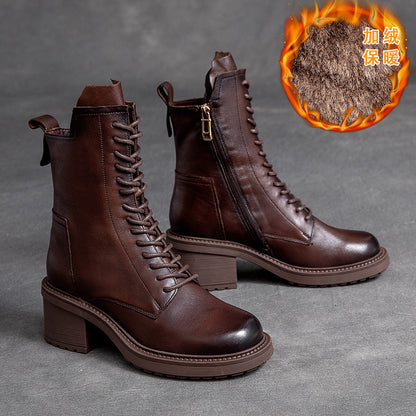 Shanghai Jie Shu Autumn New round Head Chunky Heel Cowhide in Stock Fashion Martin Boots Mid-High Heel Side Zipper Smoke Pipe Boots
