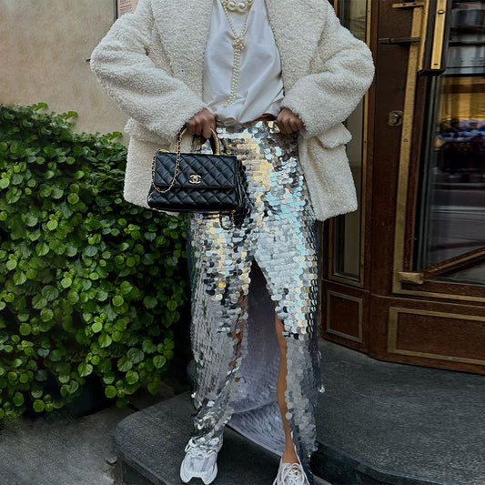 KKBOXLY sequined skirt New autumn and winter new 2025 trend bead skirt fashion split skirt women
