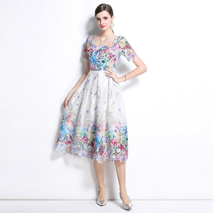 Medium and long hollow water-soluble lace dress women's short-sleeved spring and summer  new slim-fit temperament high-end skirt
