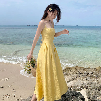 VLOVELAW Retro Yellow Waist Trimming Spaghetti Straps Dress Women's Summer Summer  New Seaside Vacation Gentle Sexy Long Dress