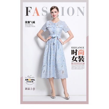 Summer  retro heavy industry hollow embroidery round neck waist short sleeve dress women's thin single-breasted long skirt