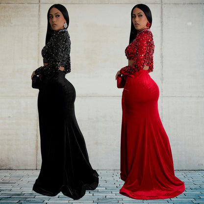 2025 C7190     fashion women's clothing sequins sexy long-sleeved split skirt two-piece set
