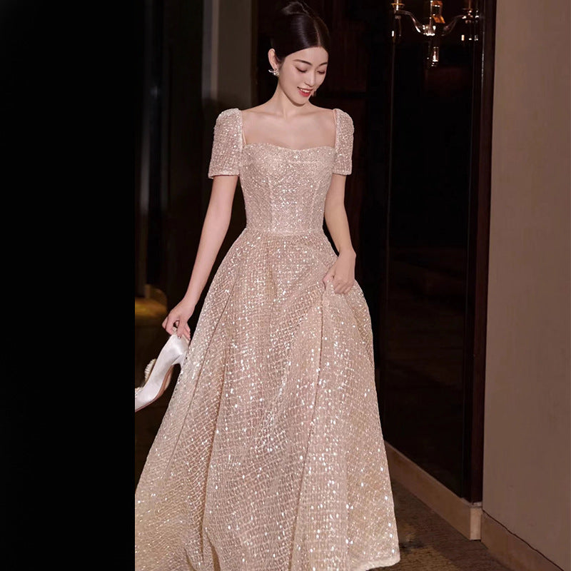 2025 Banquet evening dress  new bridal temperament super fairy fine flash out the door yarn slim and thin small trailing dress skirt