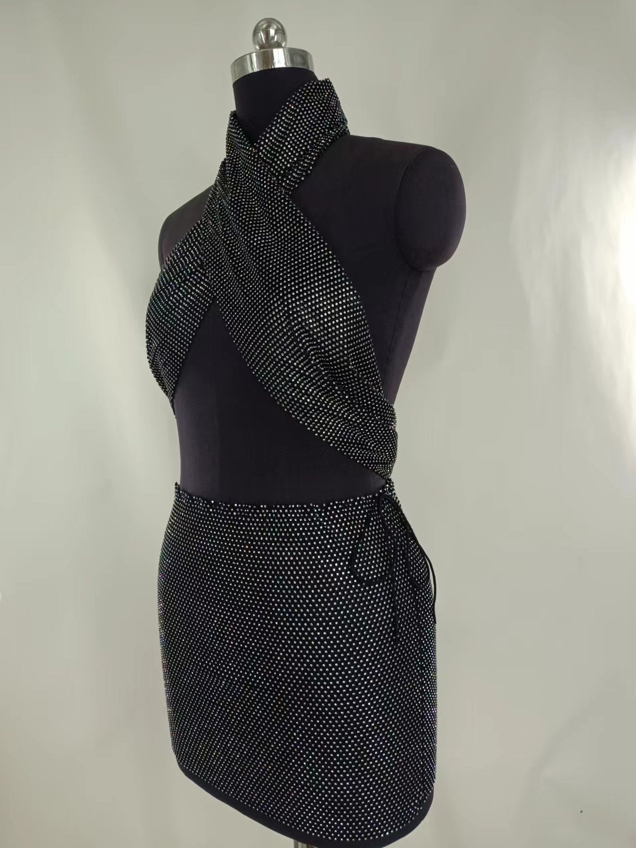 2025  FB3500 2025 hot-selling VEST sexy rhinestone inlaid diamond cloth hanging neck chest top splicing skirt set