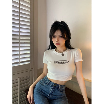 VLOVELAW Black Letter Printed Short T-shirt for Women  Summer New Slim Fit Slimming Versatile Hot Girl Short Sleeve Top