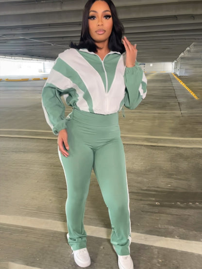 New explosion, Popular trade loose leisure street trend contrasting color zipper jacket trousers sports style suit women