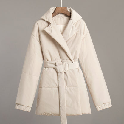KKBOXLY Cross-border lapel cotton clothes, 2025 New winter new thickened and thin waist cotton clothes, solid color belt cotton clothes jacket