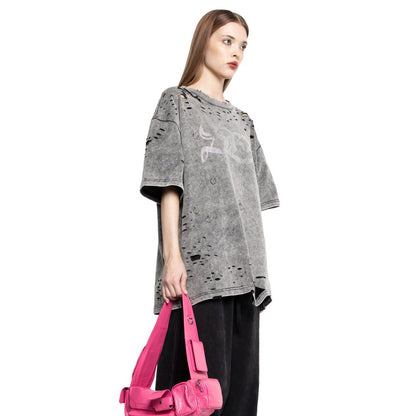 n new trendy high street round neck hot diamond washed old ripped T-shirt versatile short sleeve loose metal top