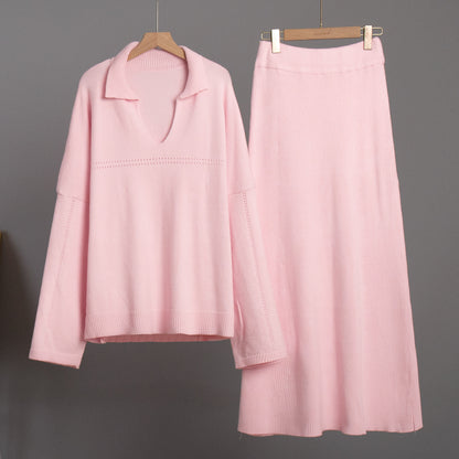 KKBOXLY Cross-border knitted set Europe, America New winter new fashion simple style V-neck knitted sweater skirt set
