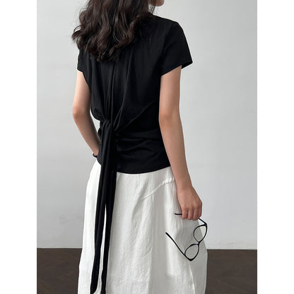 Luxi Korean version strap waist T-shirt women's summer new casual round neck versatile short-sleeved front shoulder top 2695