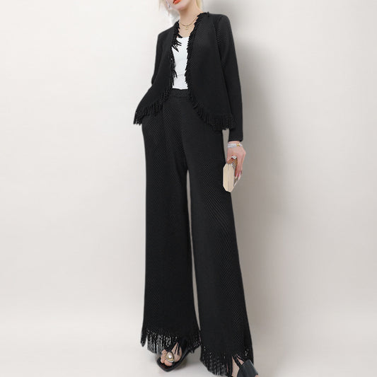 2025 Hot-selling women's clothing spring and summer wear a complete set of fringed cardigan drape straight pants temperament versatile two-piece trendy
