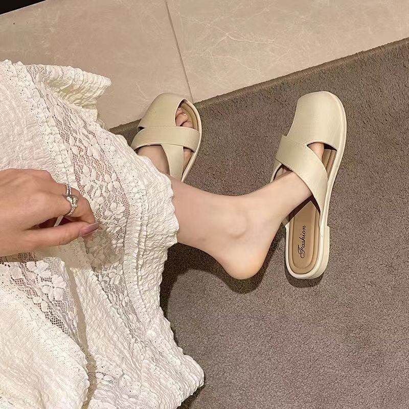 VLOVELAW  Hollowed Toe Box Half Slippers Women's Summer  Korean Style Flat Soft Bottom round Head Loafer Women's Shoes Outdoor Slippers Women's