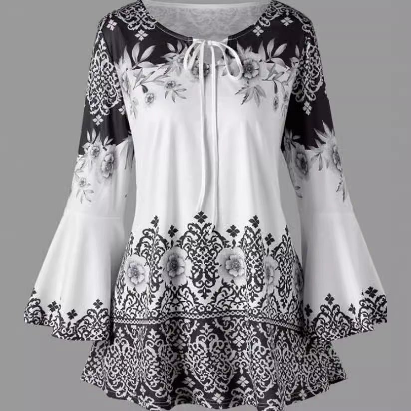 VLOVELAW European and American New  Women's Clothing Printing Long Horn Sleeve Lace-up T-shirt Slim Long Sleeve plus Size Women's Clothing