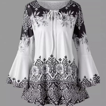 VLOVELAW European and American New  Women's Clothing Printing Long Horn Sleeve Lace-up T-shirt Slim Long Sleeve plus Size Women's Clothing