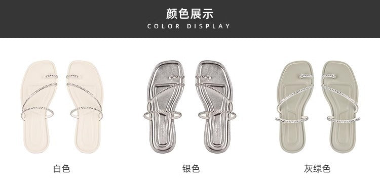VLOVELAW  Sheepskin Version ~ Grape Mom Same Style Sparkling Rhinestones Toe Covering Exquisite Fairy Style Flat Sandals Women's Half Slippers Summer 2025