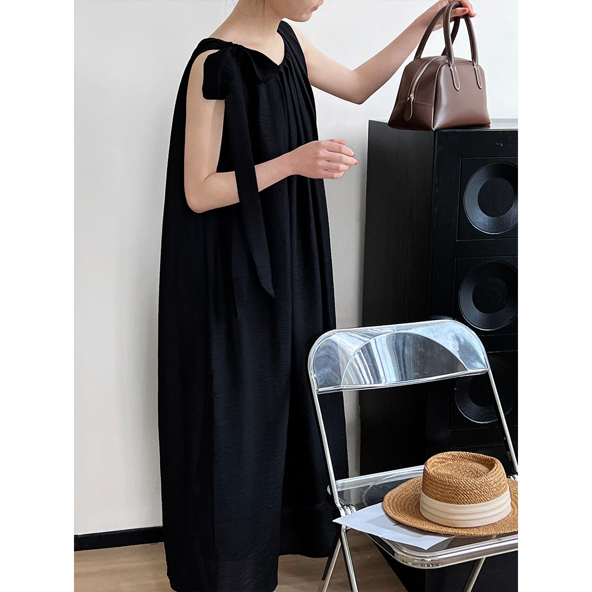 Luxi,  imitation linen pleated sleeveless A-shaped dress, thin high-end vest skirt, vacation dress 3210