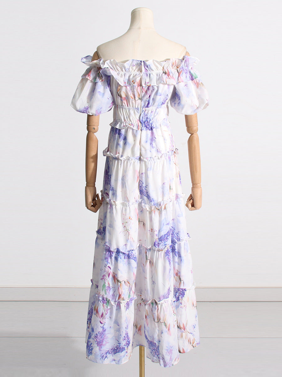 VLOVELAW Spring New Slim Fit Slimming Temperament off-Shoulder Pleated Print Lady Long Elegant Big Hem Dress