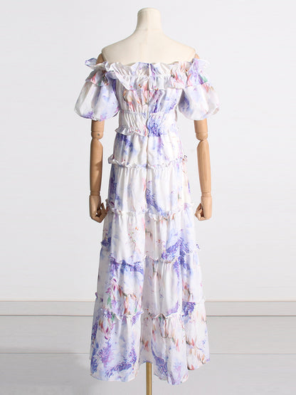 VLOVELAW Spring New Slim Fit Slimming Temperament off-Shoulder Pleated Print Lady Long Elegant Big Hem Dress