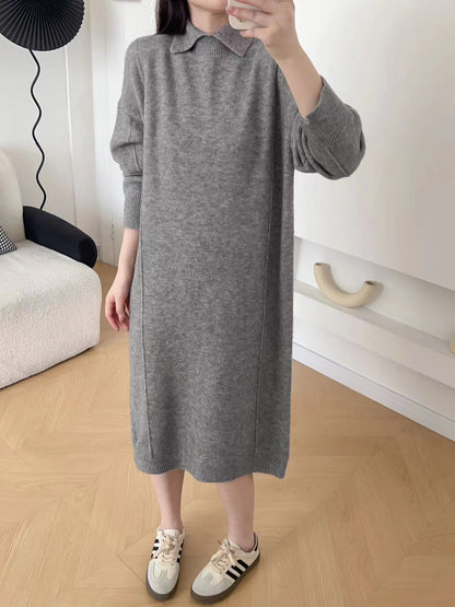 VLOVELAW Autumn and winter new polo collar pullover sweater bottoming skirt solid color long knee lazy loose knitted dress women