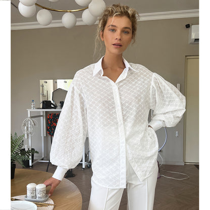 VLOVELAW , lantern sleeve jacquard shirt, 2025 popular spring temperament versatile Polo collar small hollow design shirt