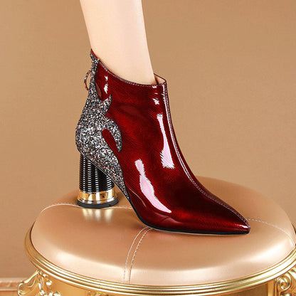 New Soft Leather Short Boots Women's Thick Heel Patent Leather Wine Red High Heel Boots Spring, Autumn and Winter Women's Fleece-Lined Boots