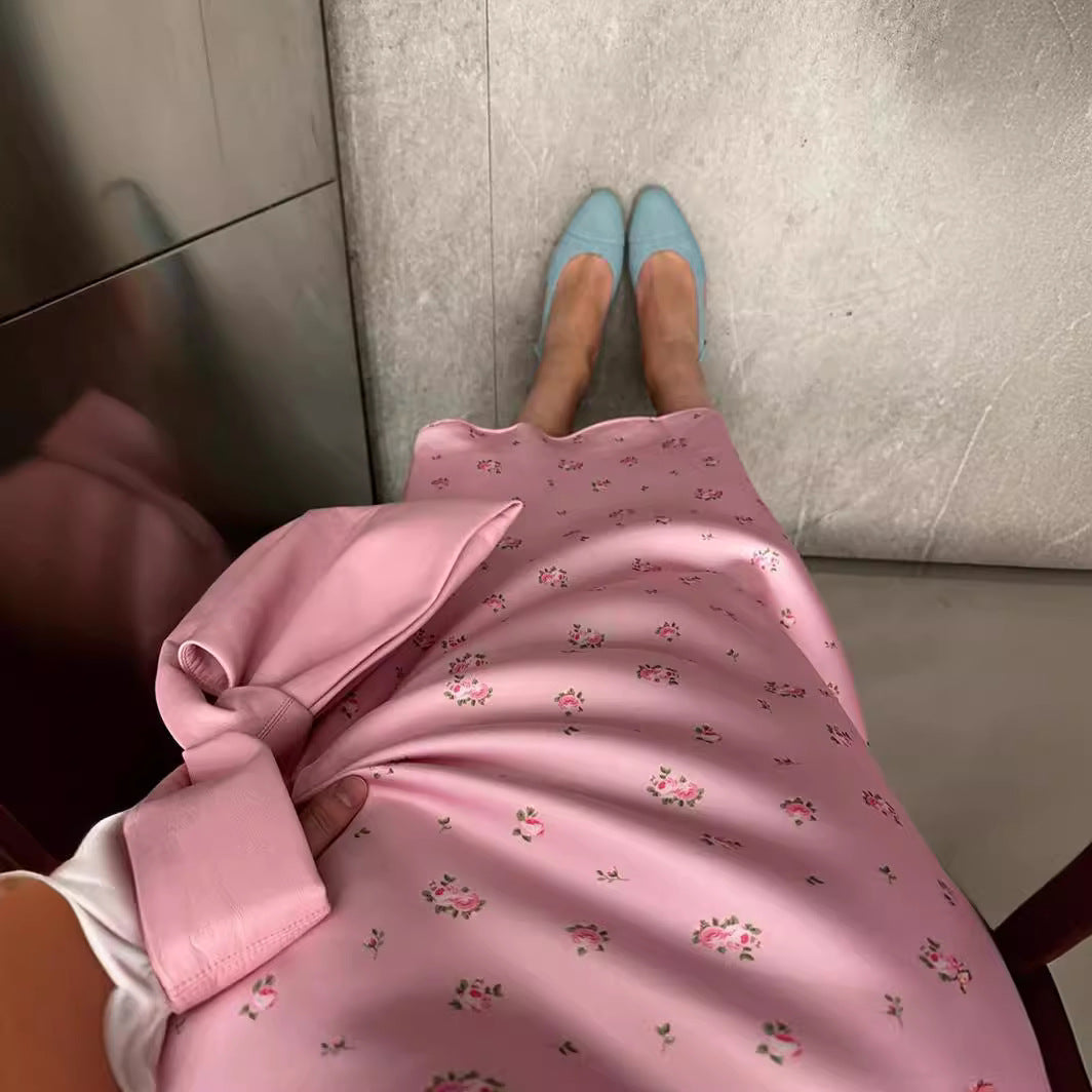 KKBOXLY Cross-border printed skirt Europe, America New spring and summer new temperament floral satin printing drape high waist skirt