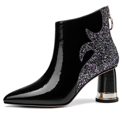 New Soft Leather Short Boots Women's Thick Heel Patent Leather Wine Red High Heel Boots Spring, Autumn and Winter Women's Fleece-Lined Boots