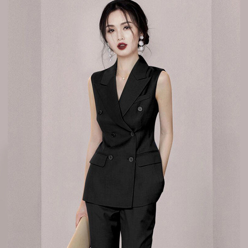 summer new dark blue double-breasted suit collar sleeveless vest professional women's nine-point pants suit suit women